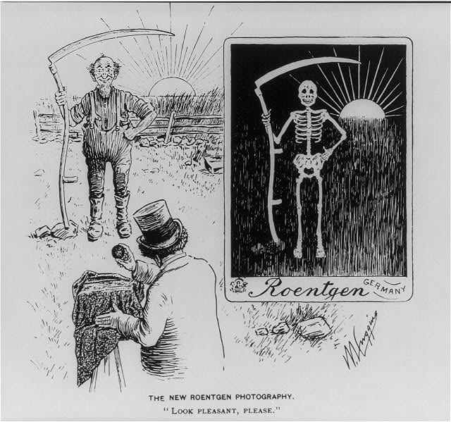 Satirična ilustracija The New Roentgen Photography iz 1896., nastala u vrijeme javne fascinacije i straha od X-zraka.