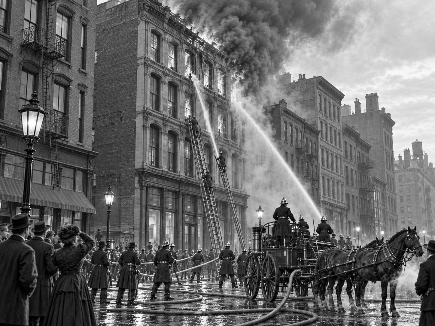 Ilustrativna rekonstrukcija požara u zgradi Teslina laboratorija na South Fifth Avenueu u New Yorku 1895.